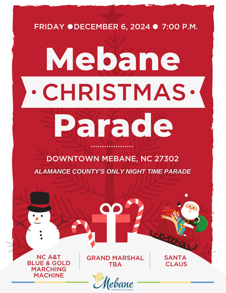 Red Flyer with a snowman, presents, and Santa on the snow with the sponsors for the Mebane Christmas Parade