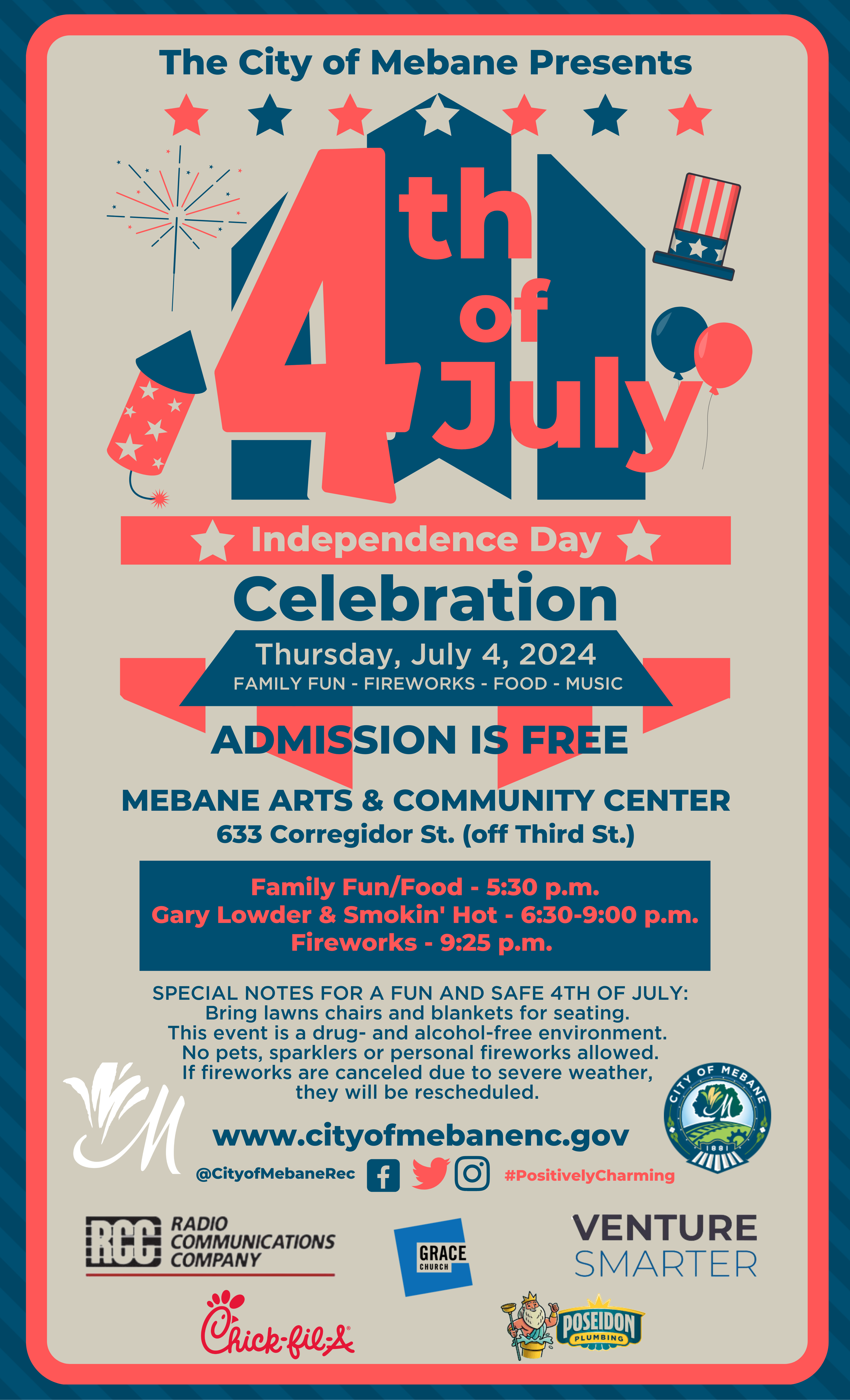 4th of July Independence Day Celebration Flyer for event held at the Mebane Arts and Community Center featuring live music, inflatables, food trucks, games, and more!