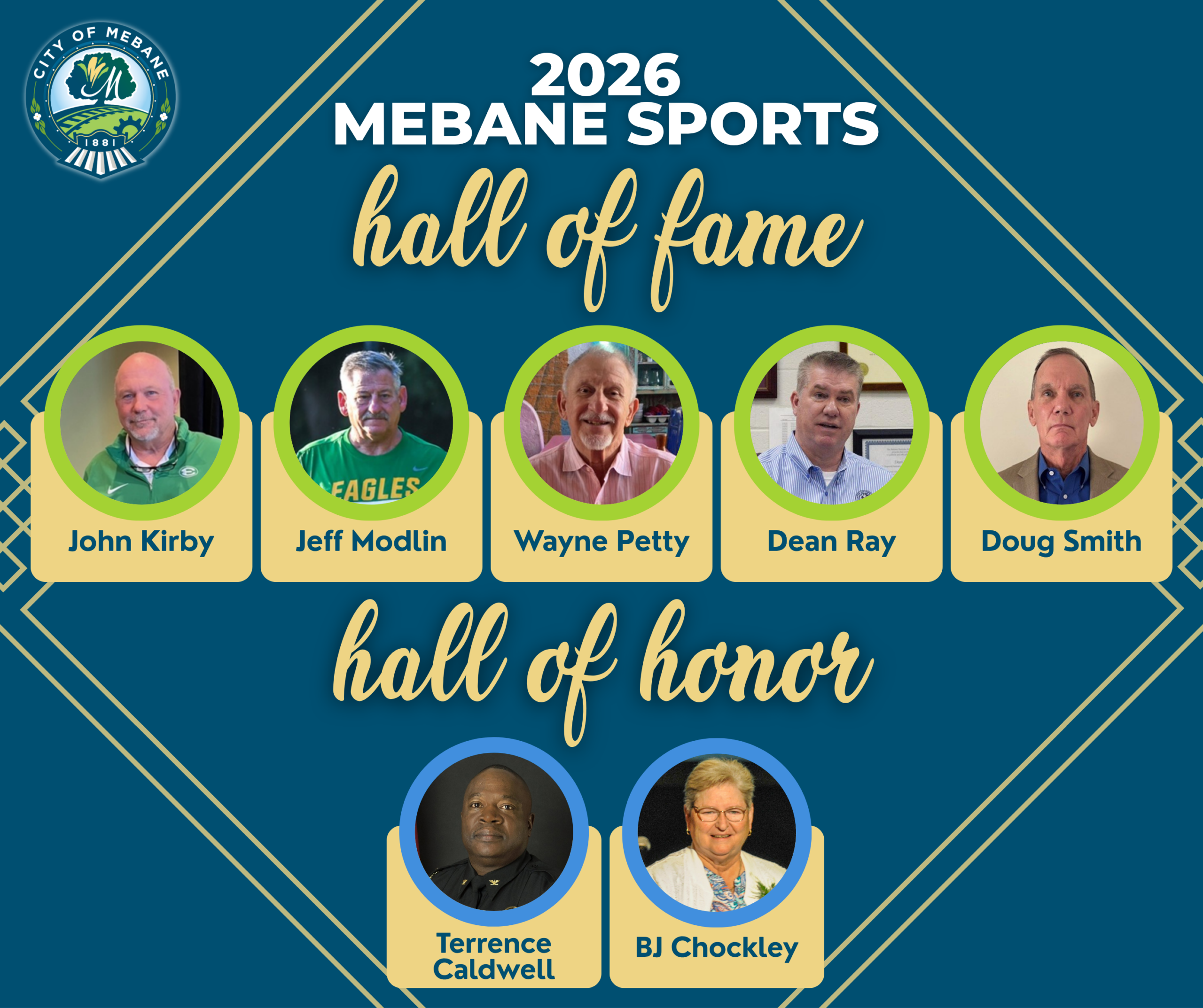 Graphic featuring the 2026 Mebane Sports Hall of Fame inductees John Kirby, Jeff Modlin, Wayne Petty, Dean Ray, and Doug Smith, along with Hall of Honor recipients Terrence Caldwell and BJ Chockley. The design includes individual headshots with each person’s name labeled.