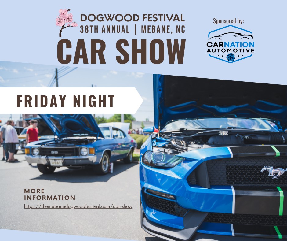 Close-up of a blue Mustang with hood open at the 38th Annual Dogwood Festival Car Show in Mebane, NC, sponsored by Carnation Automotive.