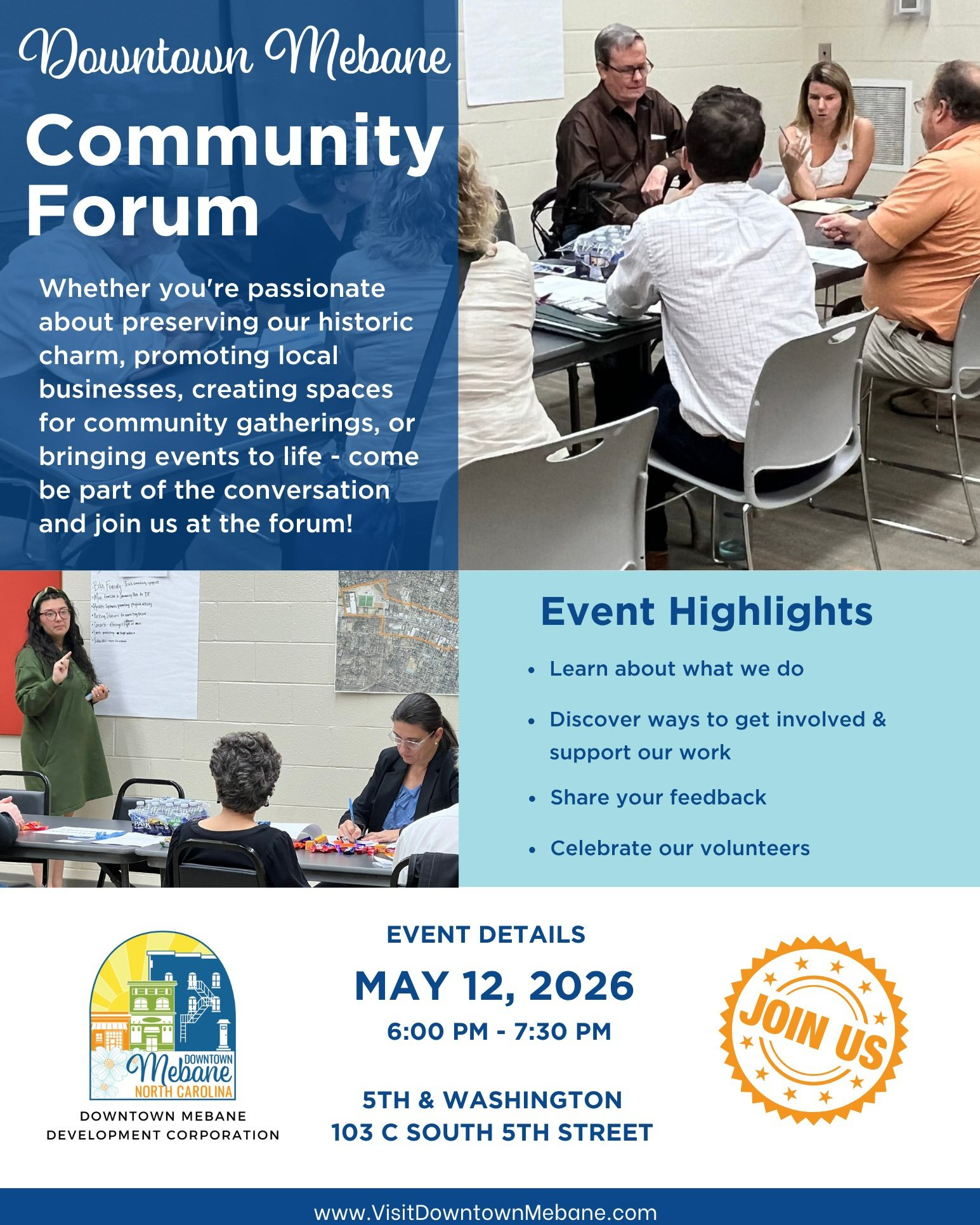 Group of people engaged in a community forum discussion in a meeting room with informational posters on the wall.