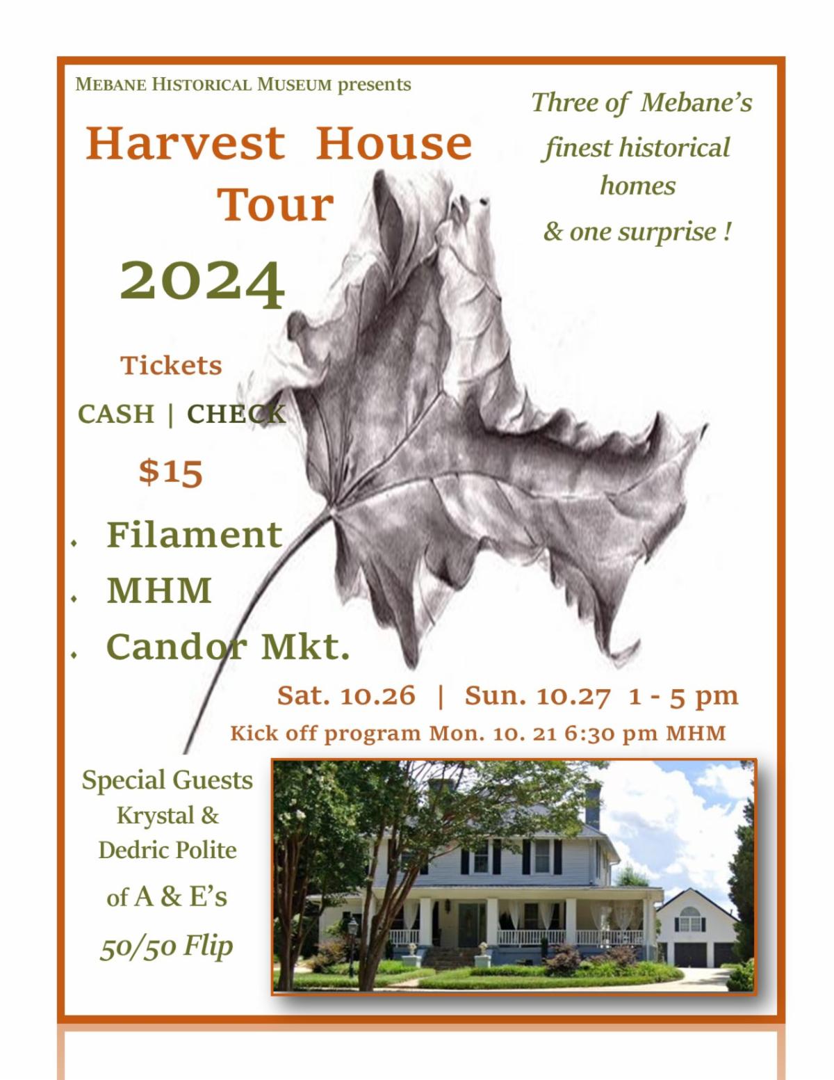 A leaf as the background with an image of an older historical home in Mebane describing the even details