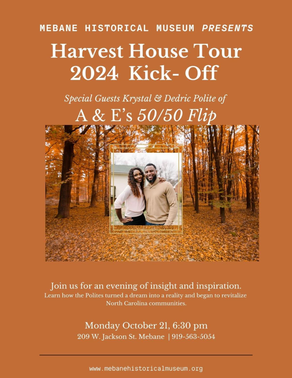 Fall woods with a photo of Special Guests Krystal and Dedric Polite of A & E's 50/50 Flip