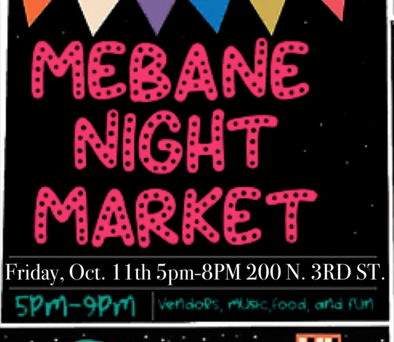 Mebane Night Market Sign in hot pink letters with a black background.