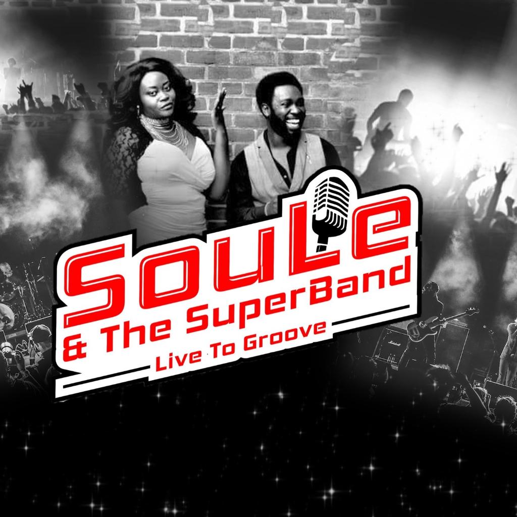 image of SouLe and the Superband with the band's logo written in red and white infront of an image of the band in black and white